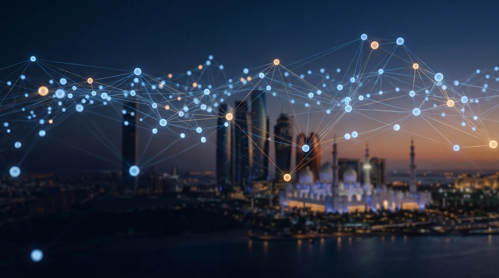 Glowing neural network formation with Abu Dhabi's skyline faintly visible at dusk