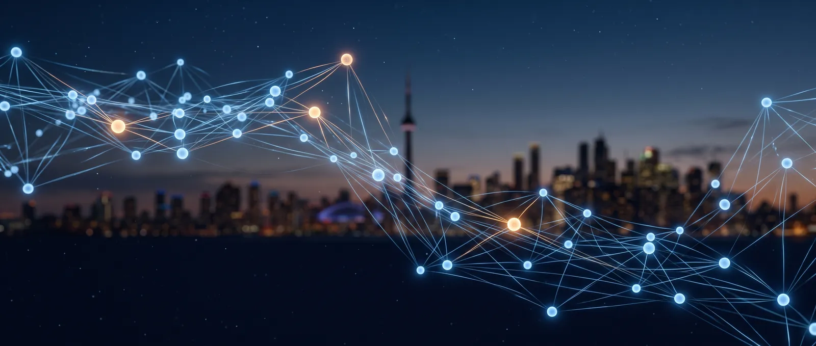 Glowing neural network formation with Toronto's CN Tower skyline faintly visible