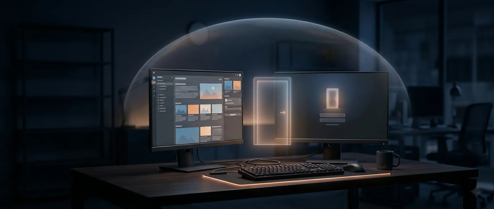 Two monitors showing a content editor and login portal screen in a dark office
