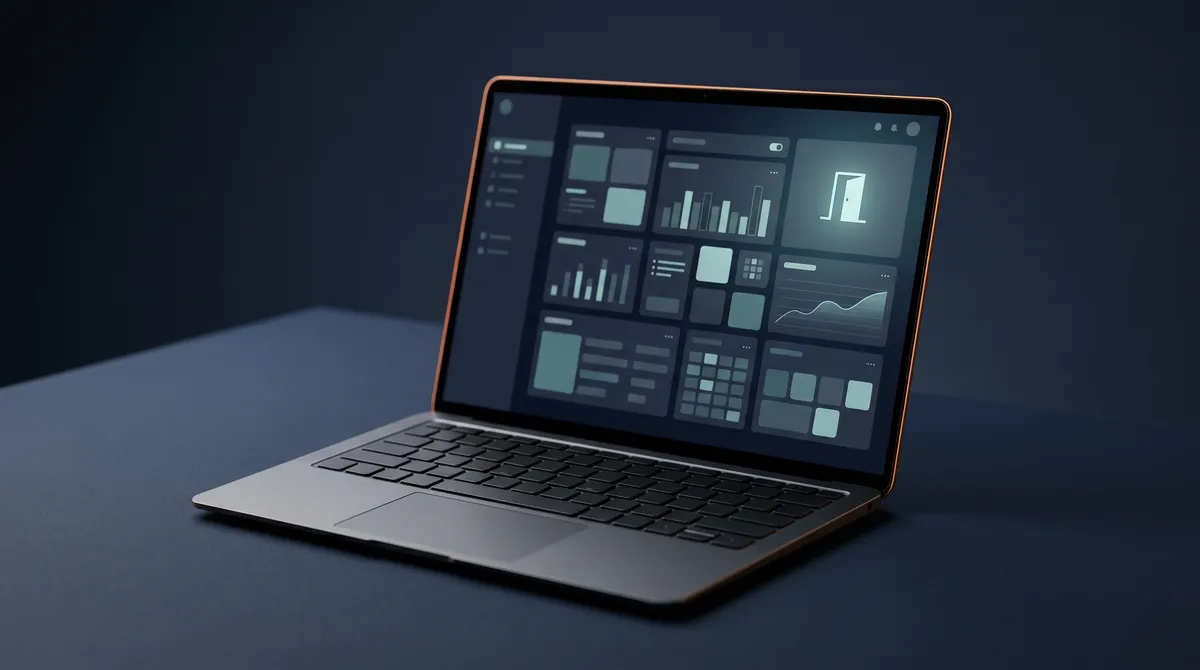 Open laptop showing a content management dashboard on a navy desk