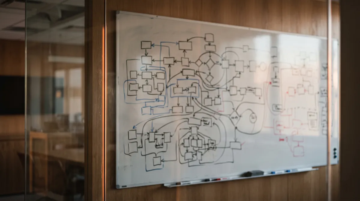 Whiteboard system diagram seen through a glass panel
