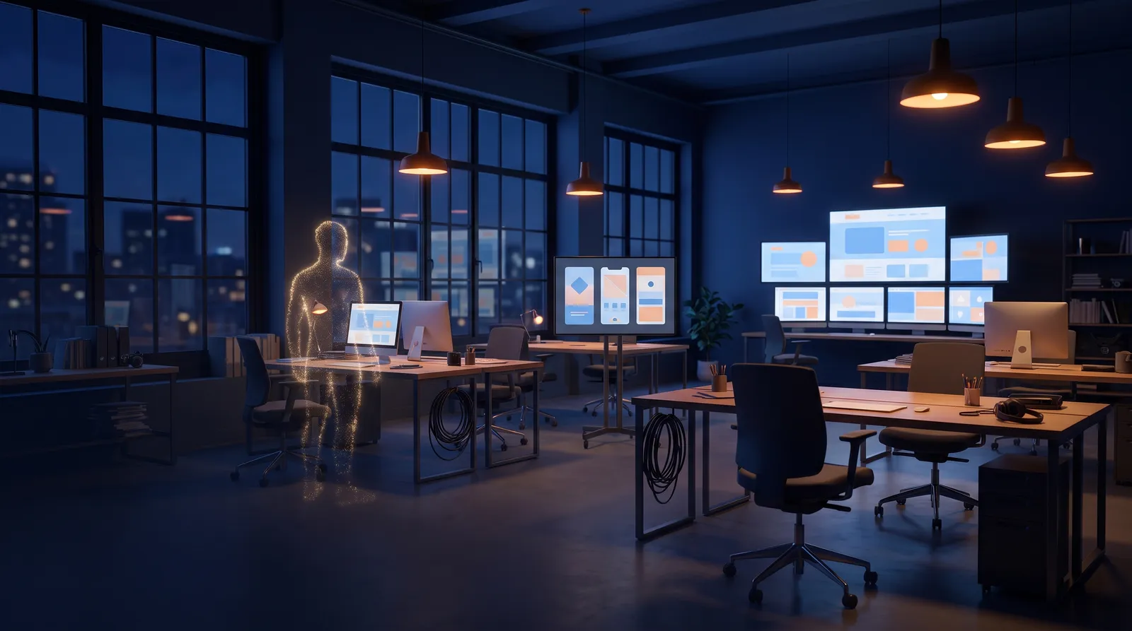 Open-plan digital studio with screens showing web, app, and AI work