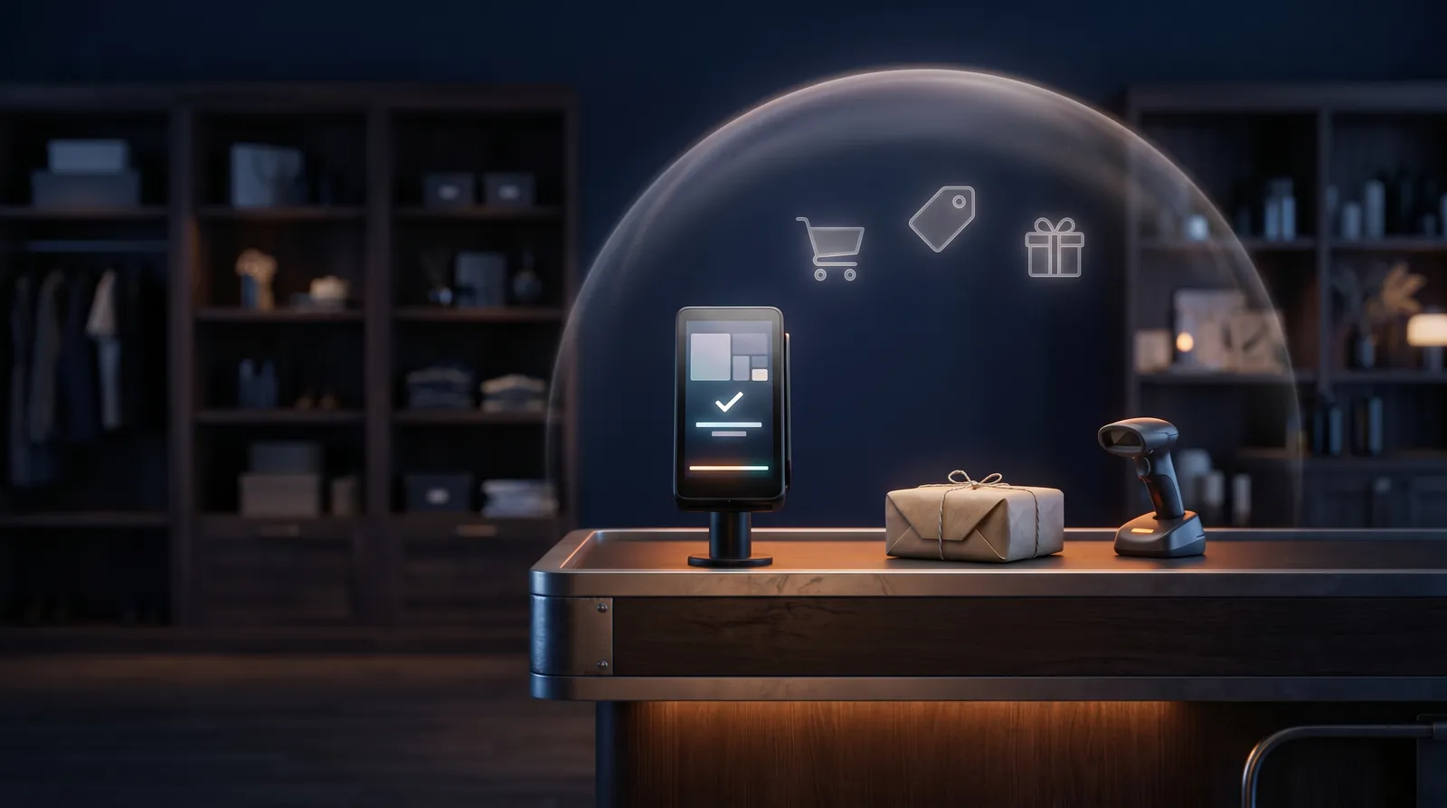 Retail checkout counter with a card-payment terminal and parcel in a dark store