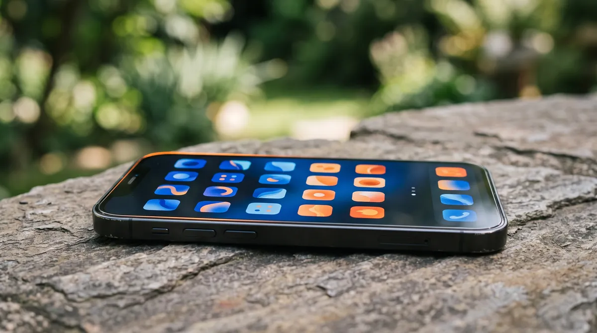 Close-up of a smartphone screen showing app icons on a stone surface
