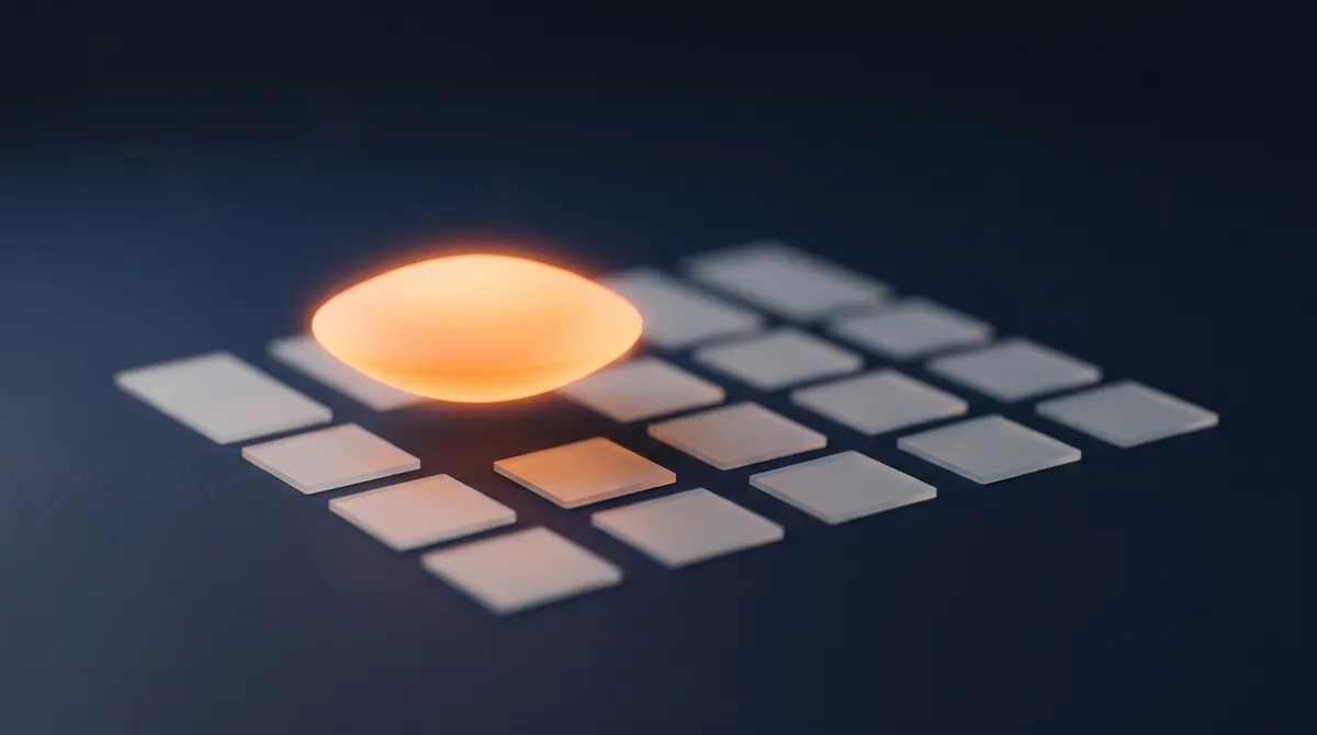 A soft orange lens-shaped glow over a blurred grid of pale content cards