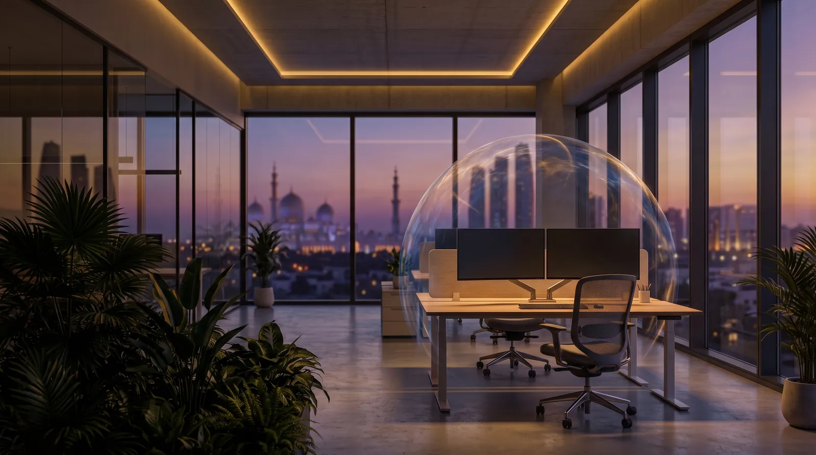 Engineering workstation with Abu Dhabi's skyline visible through the window at dusk