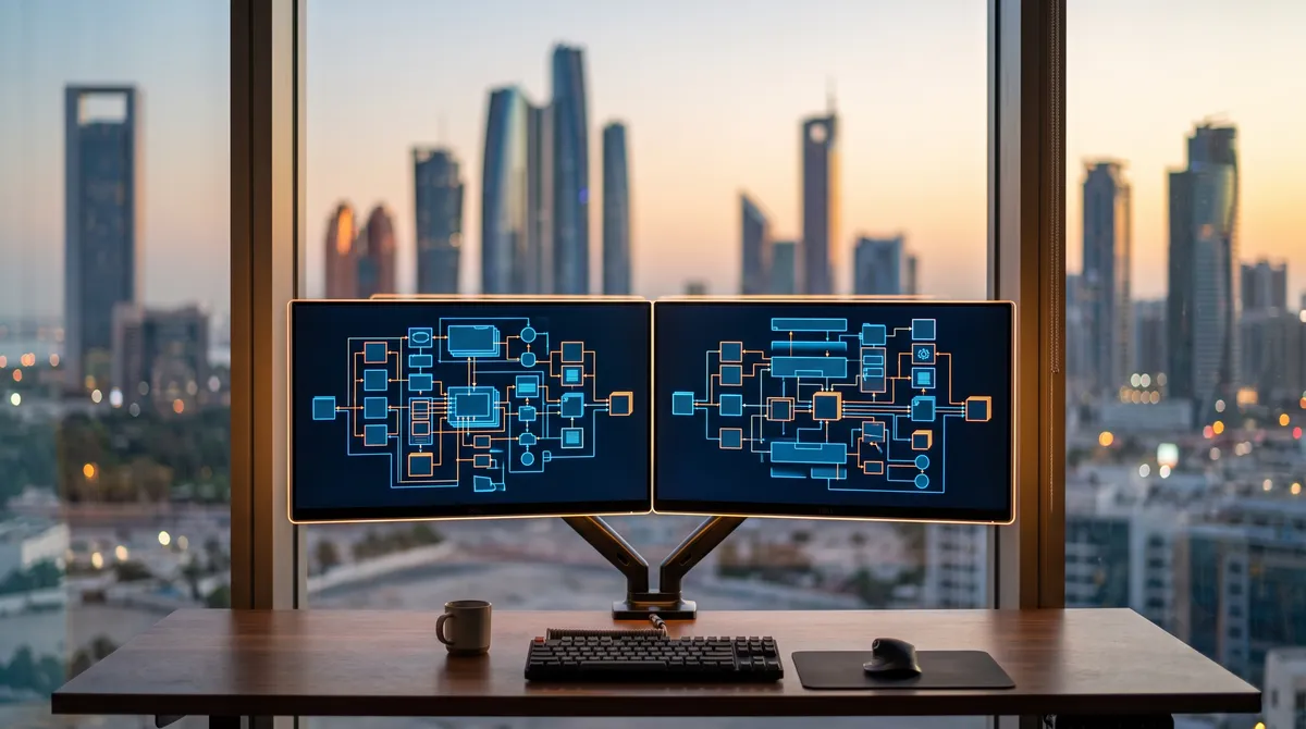 Twin monitors showing system architecture diagrams with Abu Dhabi's skyline blurred behind them