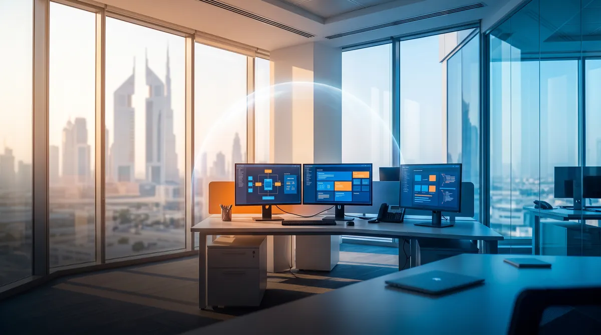 Twin monitors showing product architecture diagrams with Dubai's skyline blurred behind them