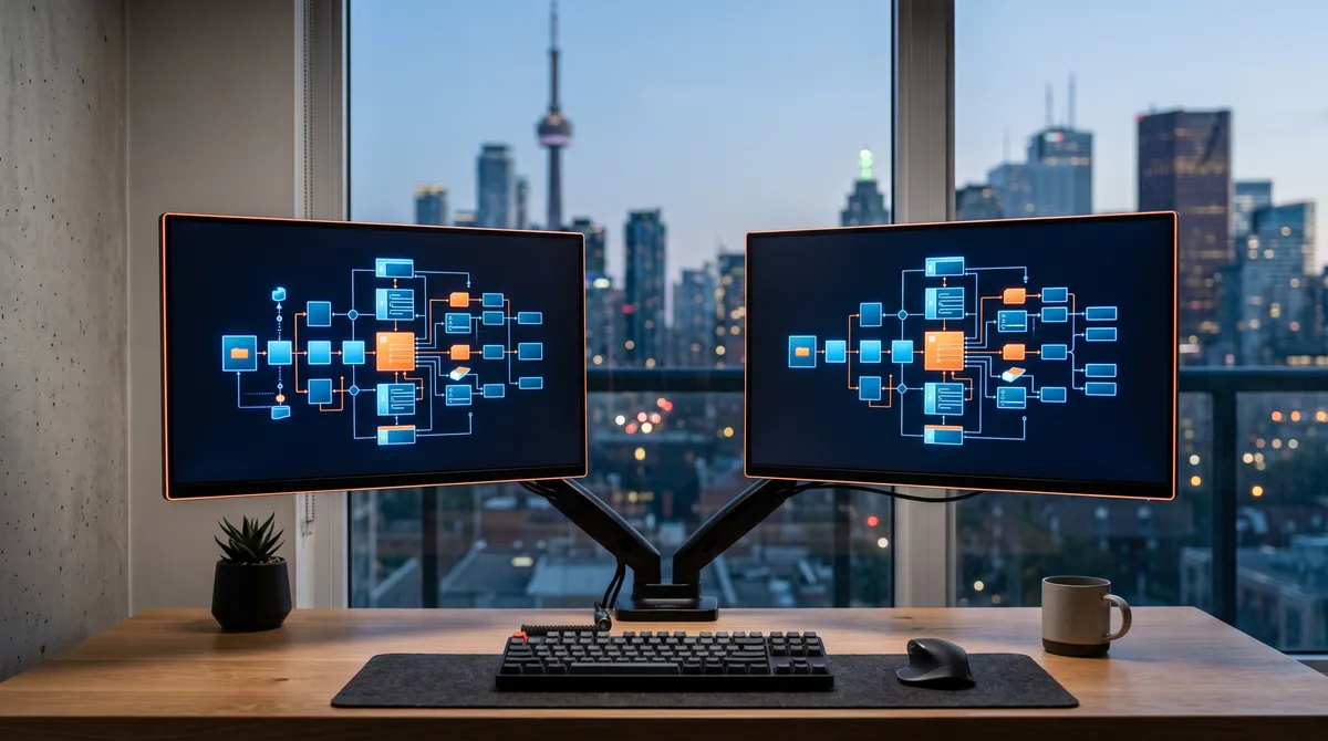 Twin monitors showing enterprise system architecture with Toronto's skyline blurred behind them