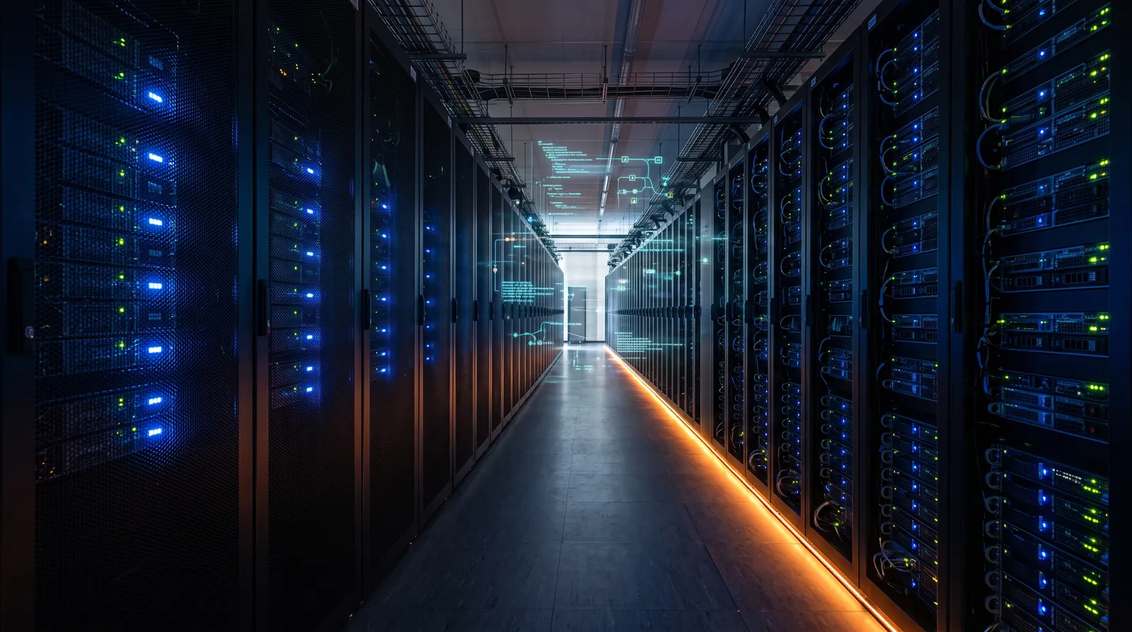 Server room aisle with glowing rack lights receding into the distance