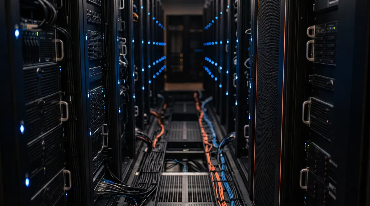 Close view down a server rack aisle with blue indicator lights