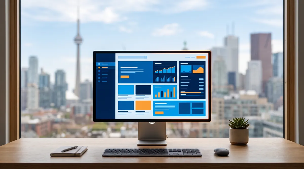 Monitor showing an enterprise website layout with Toronto's skyline blurred behind it