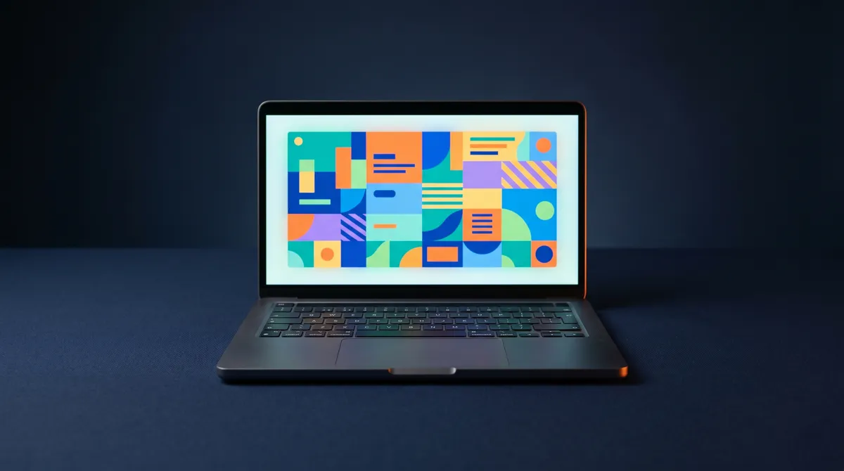 Laptop displaying a website layout on a navy desk